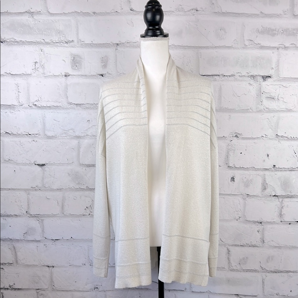 Piazza Sempione Long Sleeve Open Front Striped Metallic Silver Cardigan Ivory